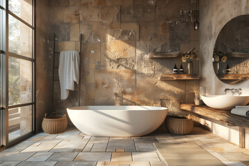 Interior design of modern bathroom with sandstone wall and rustic decor pieces. Created with generative AI