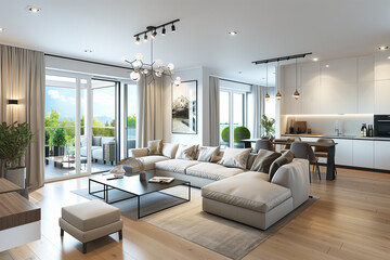 Sticker - Interior design of modern scandinavian apartment living room 3d rendering
