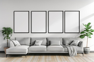 Wall Mural - Interior poster mock up with four frames composition on the wall in scandinavian style livingroom. 3d rendering.