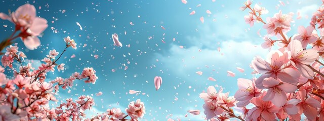 Wall Mural - A picturesque scene of cherry blossoms in full bloom, with petals falling gently and a clear blue sky.