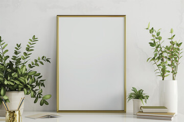 Canvas Print - Interior poster mockup with vertical gold metal frame on the shelf with green tree branch in vase and desk lamp on empty white wall background. A4 A3 size format. 3D rendering illustration.