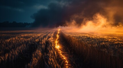 Wall Mural - Golden wheat field with a glowing fire trail for nature or fantasy themed designs