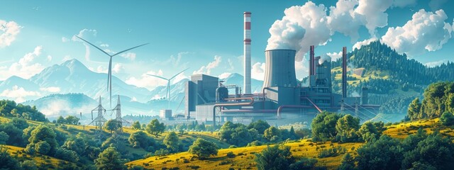 Wall Mural - A power plant using fossil fuels, and a wind farm generating clean energy.