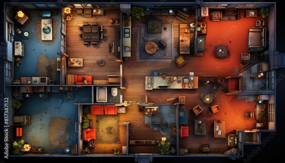 Basement background flat design top view rustic man cave theme water ...
