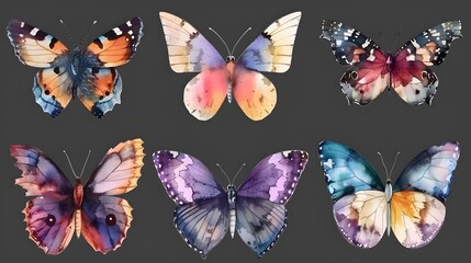 Watercolor set of colorful butterflies with beautiful wings isolated on clear png background, insect collection for mock up