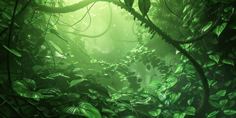 Wall Mural - Mossy Green Jungle: Lush vegetation fills the frame, leaves and vines intertwining with each other in the dim green light