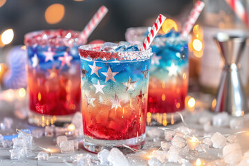 vibrant layered cocktails in red, white, and blue with festive bokeh lights and decorations