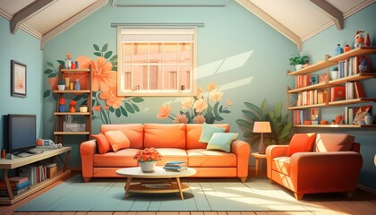 Wall Mural - Family Room background flat design top view playful kids theme water color Analogous Color Scheme