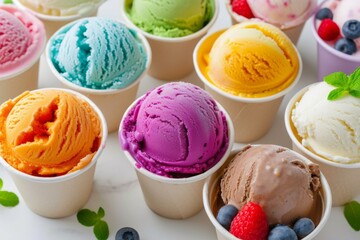 Sticker - Assorted ice cream with berries and mint in paper cups.