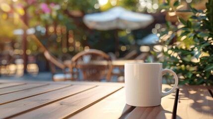 Wall Mural - blank white coffee cup mockup on cafe terrace table outdoor product display concept illustration