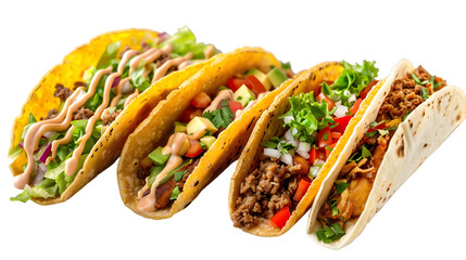 four delicious taco styles, including hard shell, soft shell, fish, and street taco, transparent bac