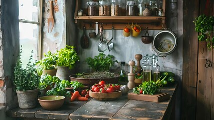 Wall Mural - cozy rustic kitchen interior with fresh herbs and vegetables healthy cooking background