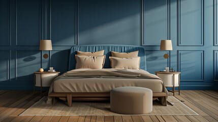 Wall Mural - Interior of minimalistic master bedroom with blue walls, wooden floor, double bed with beige pillows and two round bedside tables with lamps above them. 3d ing