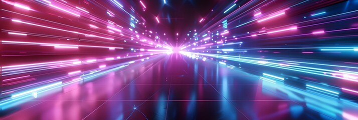 Wall Mural - 3d abstract technology glowing neon fast speed light background, empty space scene, reflection floor, virtual reality, cyber space futuristic sci-fi background, motion line high speed for mock up.