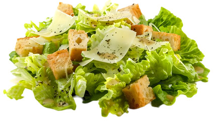 Wall Mural -  Realistic Caesar salad with crisp romaine lettuce, shaved parmesan, and croutons, drizzled with creamy Caesar dressing, transparent background