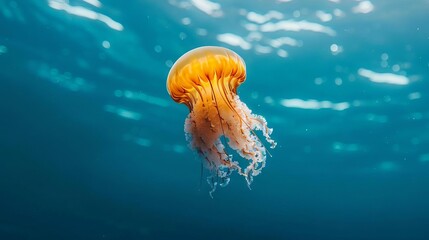 tiny orange jellyfish swimming solo in vast blue ocean marine life underwater photography