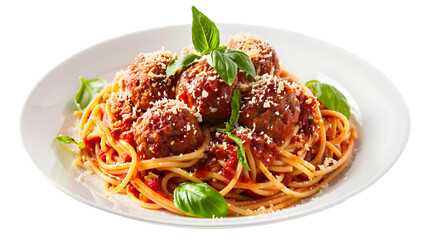 Wall Mural -  Spaghetti and meatballs with a sprinkle of basil and Parmesan, served, transparent background