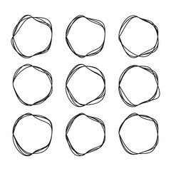 Leinwandbilder - Set of nine scribble circle frames. Line art design. Abstract round borders. Vector illustration. EPS 10.