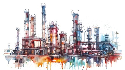 Watercolor drawing paint of industry zone, refinery power plant energy station for stored, petrochemical industrial, factory food processing plant isolated on white background