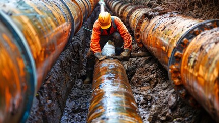 worker installing underground pipes utility construction infrastructure maintenance industrial work digital photography