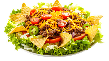 Wall Mural -  Taco salad featuring seasoned ground beef, lettuce, cheese, tomatoes, and tortilla chips, transparent background