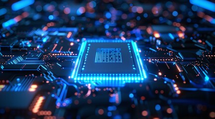 Wall Mural - 3d render of glowing blue light rays emanating from an empty square on top of the chip, with futuristic circuit board in background, dark atmosphere