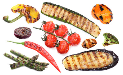 Wall Mural - Different grilled vegetables isolated on white, set