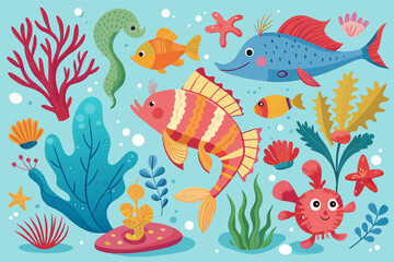 Wall Mural - A colorful cartoon underwater scene with various fish swimming among coral reefs.