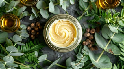 Top view hand cream in jar, essential oil, skin lotion and eucalyptus leaves. Natural organic beauty product concept