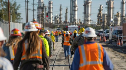 Wall Mural - A loud siren blaring as workers quickly gather at a designated safe zone during a refinery evacuation drill.