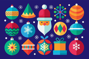 Wall Mural - Christmas decorations vector illustration with colorful ornaments, lights, and a festive atmosphere.