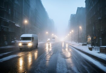 Wall Mural - 'weather bad road conditions snowstorm city car snow slow rain way street windscreen headlamp perspective travel day business winter storm traffic accident tire ice wheel wiper rainy'