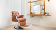 © Barry - Brown leather barber's chair in a traditional barbershop. Brightly lit, with mirror.