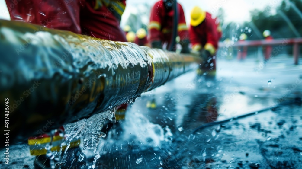 Precision and teamwork displayed as employees practice handling a large fire hose during a fire suppression drill at a refinery.