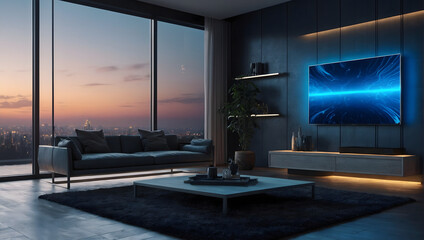 Modern smart home design with monitor screen and blue neon lights.