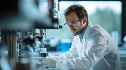 Poster - An engineer is conducting experiments in a science lab, wearing a lab coat. AIG41