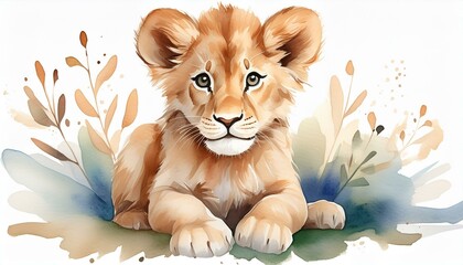 Wall Mural - watercolor lion design, sitting cub animal for graphic composition