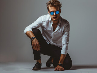 Wall Mural - A handsome man in a white shirt and black pants, with blue sunglasses, crouching in a pose