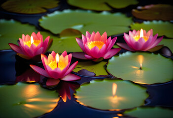 Wall Mural - A pool with lit candles and water lilies floating on the surface