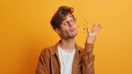 Man in glasses making a face in brown jacket on yellow background, expressing emotions and style