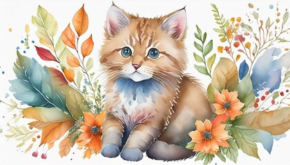 Wall Mural - watercolor cat design, sitting cub animal for graphic composition