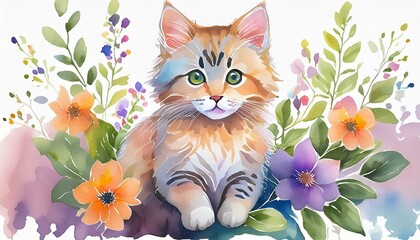 Wall Mural - watercolor cat design, sitting cub animal for graphic composition