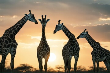 Wall Mural - 'giraffes three sunset african nature africa giraffe animal wild landscape safari park wildlife sky sun south kenya sunrise silhouette savanna travel orange wilderness red natural dusk beautiful'