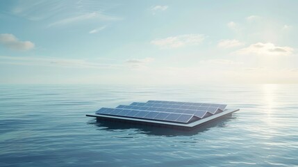 a serene coastal scene with a solar panel array integrated into a floating platform, utilizing the s