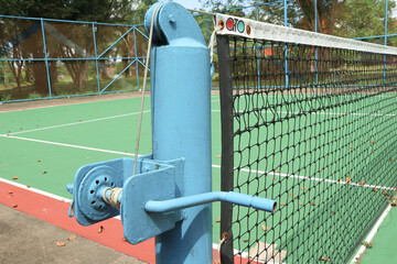 Tennis ball on blue tennis court. the concept of a sporty lifestyle.