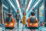 Fototapeta Tulipany - Cartoon people use public transportation go to work in the future. Futuristic city. Ecology friendly system. Smart intelligent transportation. Generative AI.
