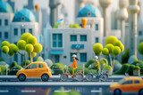 Fototapeta Tulipany - Cartoon 3D people riding ecology transport go to work. Sustainable public transit in a modern green cityscape. Urban mobility, electric transport.