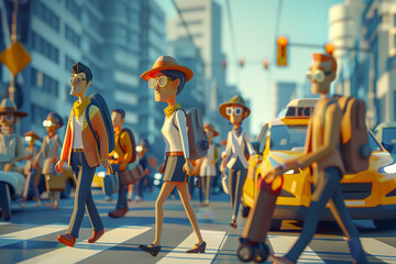 Cartoon diverse people crossing road hurrying in business at city street. Urban cityscape with people hurry at work.