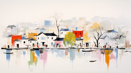 Wall Mural - color scenery of water town illustration background poster decorative painting