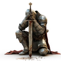 illustration of a medieval knight kneeling in prayer with a sword, realistic on a white background 
